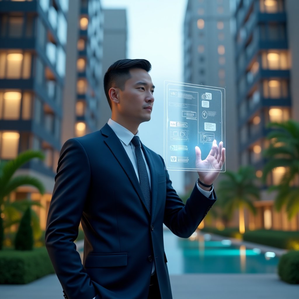 (Ultra-realistic condominium manager in a dark blue suit, set in a modern luxury condominium environment with high-rise buildings and manicured green landscaping, mid-shot of a professional confidently interacting with a translucent holographic dashboard displaying financial charts, chat bubbles and security icons, cinematic lighting, shallow depth of field, highly detailed textures, realistic skin, photographic realism, 8k resolution --ar 1:1 --v 6)