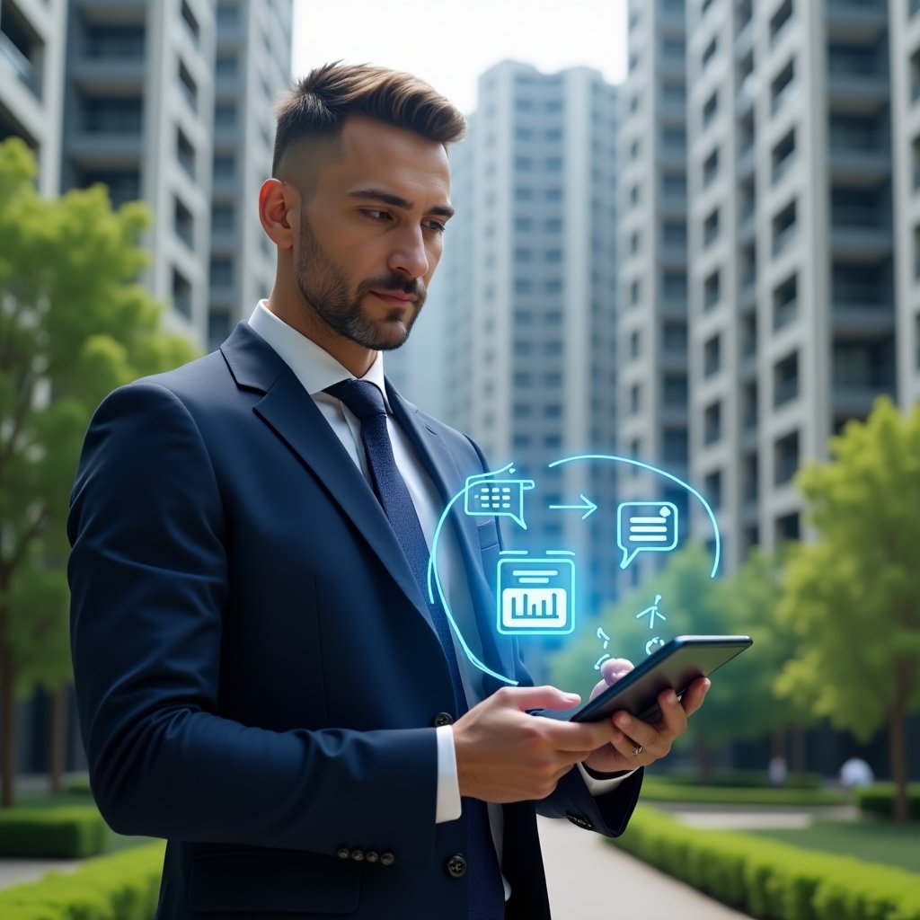 Ultra-realistic condominium manager in a navy blue suit, set in a modern luxury condominium environment with high-rise buildings and lush green landscaping, holding a tablet displaying holographic icons of calendar, chat bubble and financial charts representing essential management functions, confident and focused expression, cinematic lighting, shallow depth of field, highly detailed textures, realistic skin, photographic realism, 8k resolution --ar 1:1 --v 6