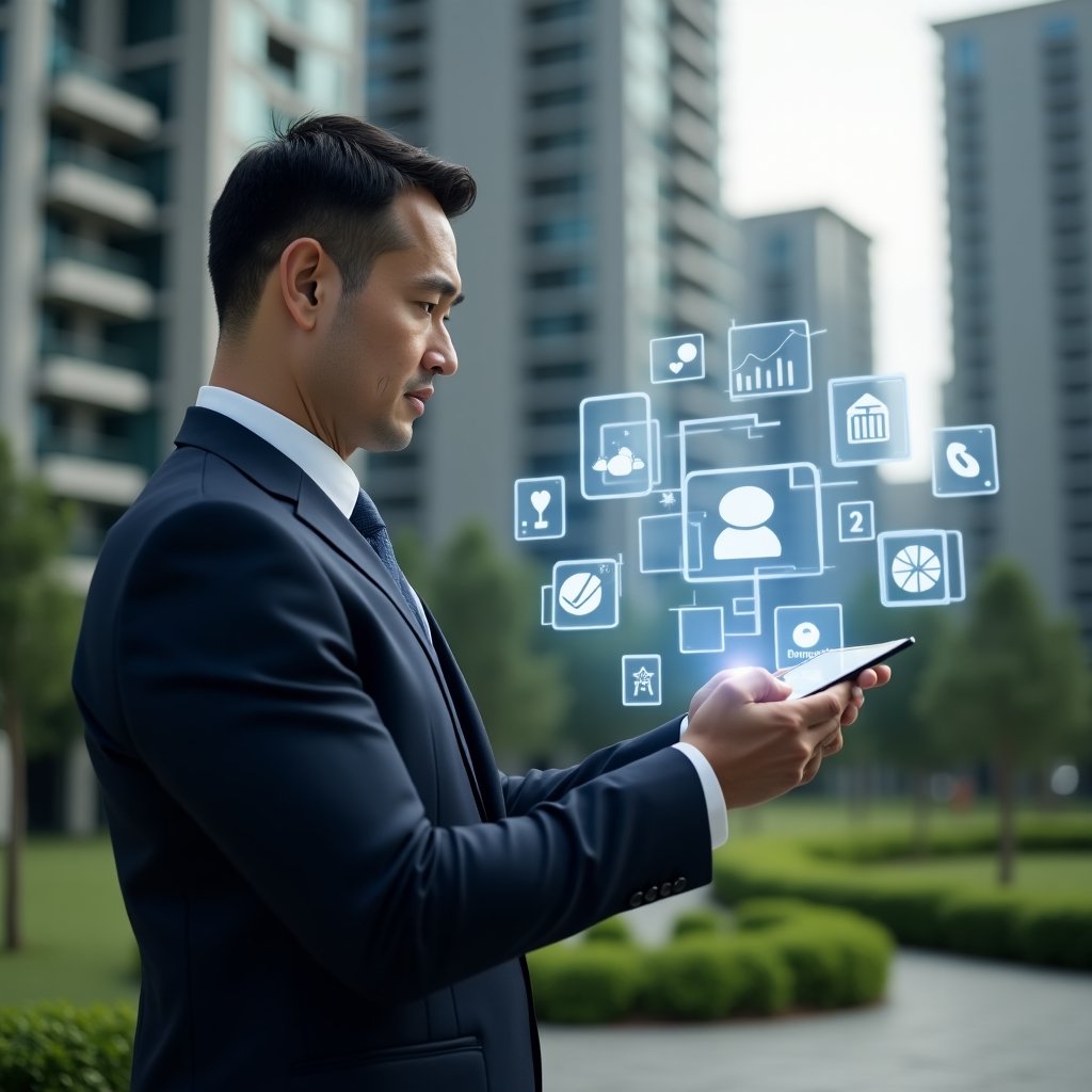 (Ultra-realistic condominium manager in a tailored navy suit, set in a modern luxury condominium environment with high-rise buildings and manicured green landscaping, analyzing a floating holographic interface displaying app icons for messaging, reservations, finance and maintenance, confident expression, holographic charts and calendar symbols hovering around him, cinematic lighting, shallow depth of field, highly detailed textures, realistic skin, photographic realism, 8k resolution --ar 1:1 --v 6)