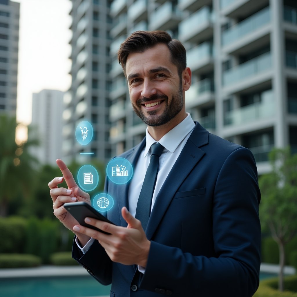 Ultra-realistic condominium manager in a navy blue suit, set in a modern luxury condominium environment with high-rise buildings and meticulously landscaped greenery, holding a smartphone displaying a management app interface and pointing at floating holographic icons of charts, documents, and chat bubbles to symbolize streamlined communication and cost reduction, confident expression, cinematic lighting, shallow depth of field, highly detailed textures, realistic skin, photographic realism, 8k resolution --ar 1:1 --v 6