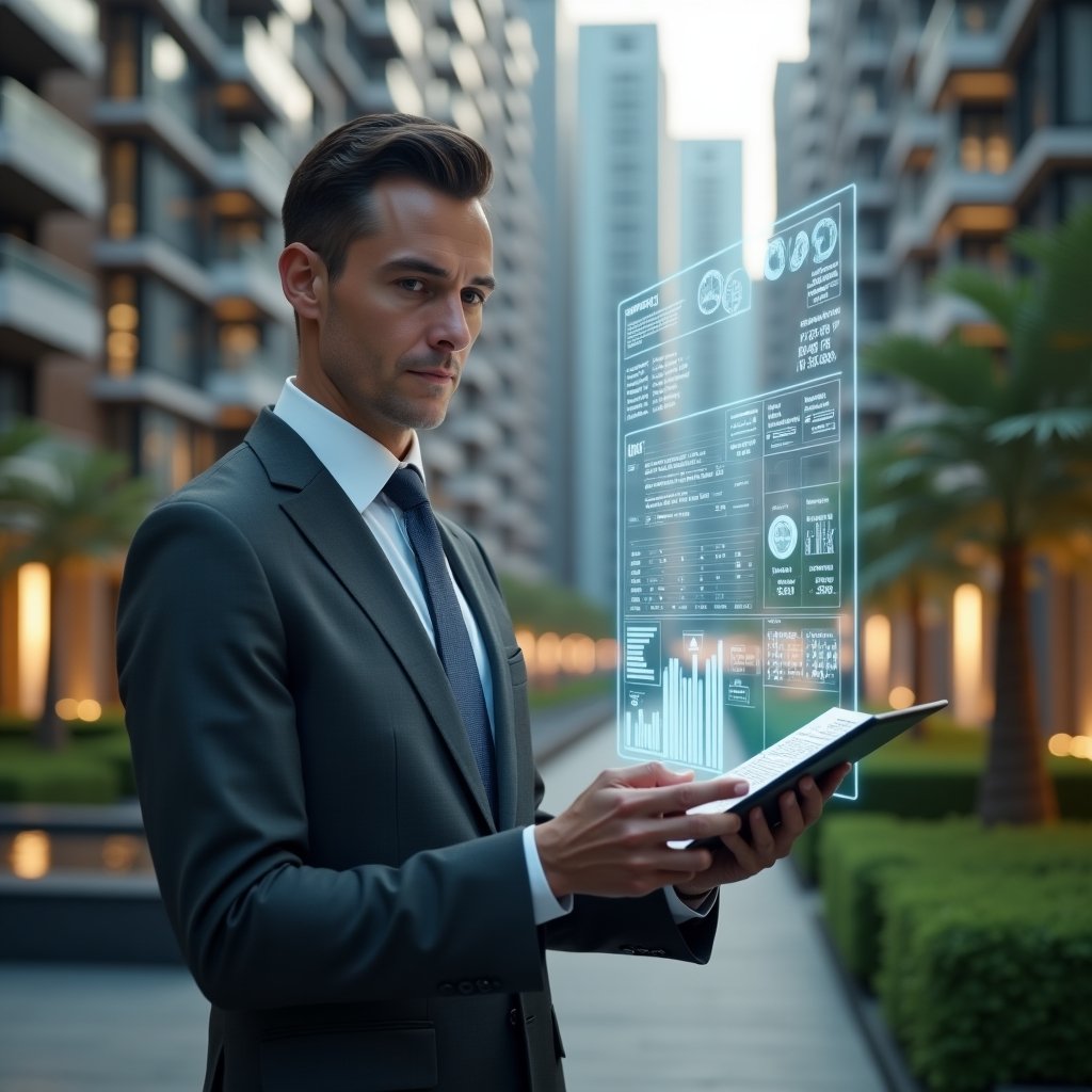 Ultra-realistic condominium manager in a charcoal gray suit, set in a modern luxury condominium environment with high-rise buildings and meticulously landscaped gardens, analyzing a floating holographic budget chart and expense breakdown, holographic icons of coins and graphs hovering beside them, confident and focused expression, cinematic lighting, shallow depth of field, highly detailed textures, realistic skin, photographic realism, 8k resolution --ar 1:1 --v 6