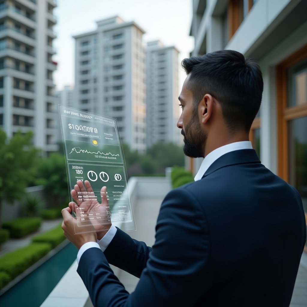 Ultra-realistic condominium manager in a dark navy suit, set in a modern luxury condominium environment with high-rise buildings and manicured green landscaping, analyzing a holographic budget dashboard with expense icons and pie charts symbolizing ordinary and extraordinary costs, confident expression, cinematic lighting, shallow depth of field, highly detailed textures, realistic skin, photographic realism, 8k resolution --ar 1:1 --v 6