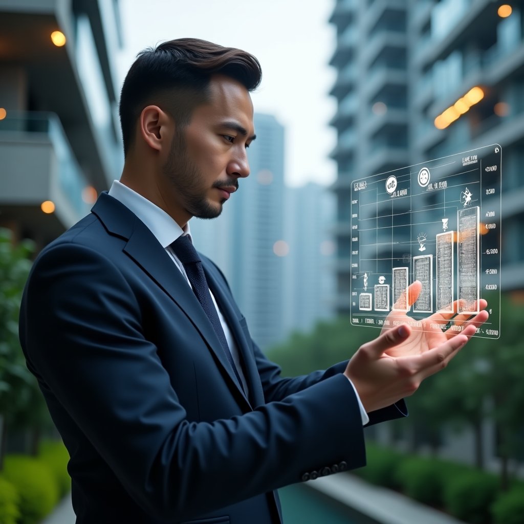(Ultra-realistic condominium manager in a tailored navy suit, set in a modern luxury condominium environment with high-rise buildings and lush green landscaping, medium shot, confidently analyzing a glowing holographic cost-reduction chart, surrounded by floating icons of money, maintenance tools and building schematics, cinematic lighting, shallow depth of field, highly detailed textures, realistic skin, photographic realism, 8k resolution --ar 1:1 --v 6)
