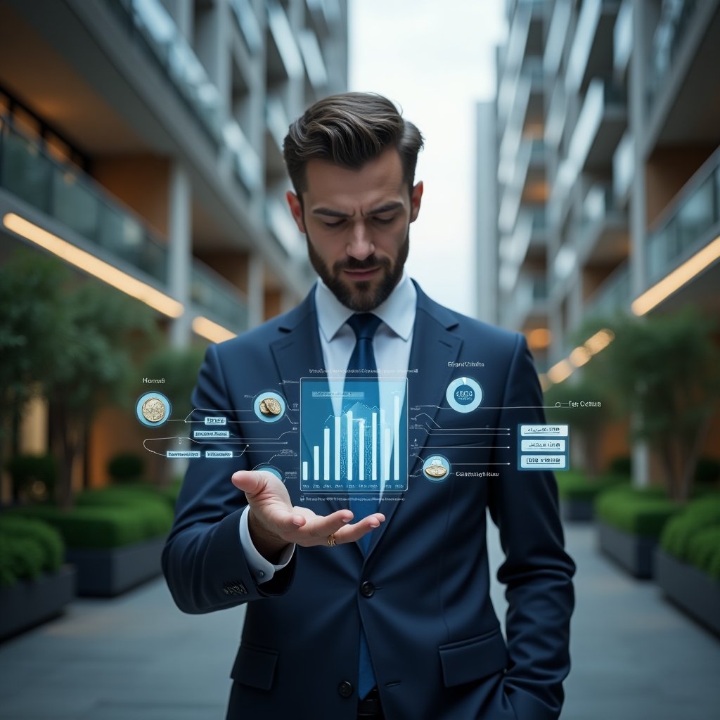 Ultra-realistic condominium manager in a tailored navy suit, set in a modern luxury condominium environment with high-rise buildings and lush green landscaping, analyzing a holographic financial dashboard that highlights “ordinary vs extraordinary expenses,” with floating icons of coins, invoices and alert symbols, cinematic lighting, shallow depth of field, highly detailed textures, realistic skin, photographic realism, 8k resolution --ar 1:1 --v 6