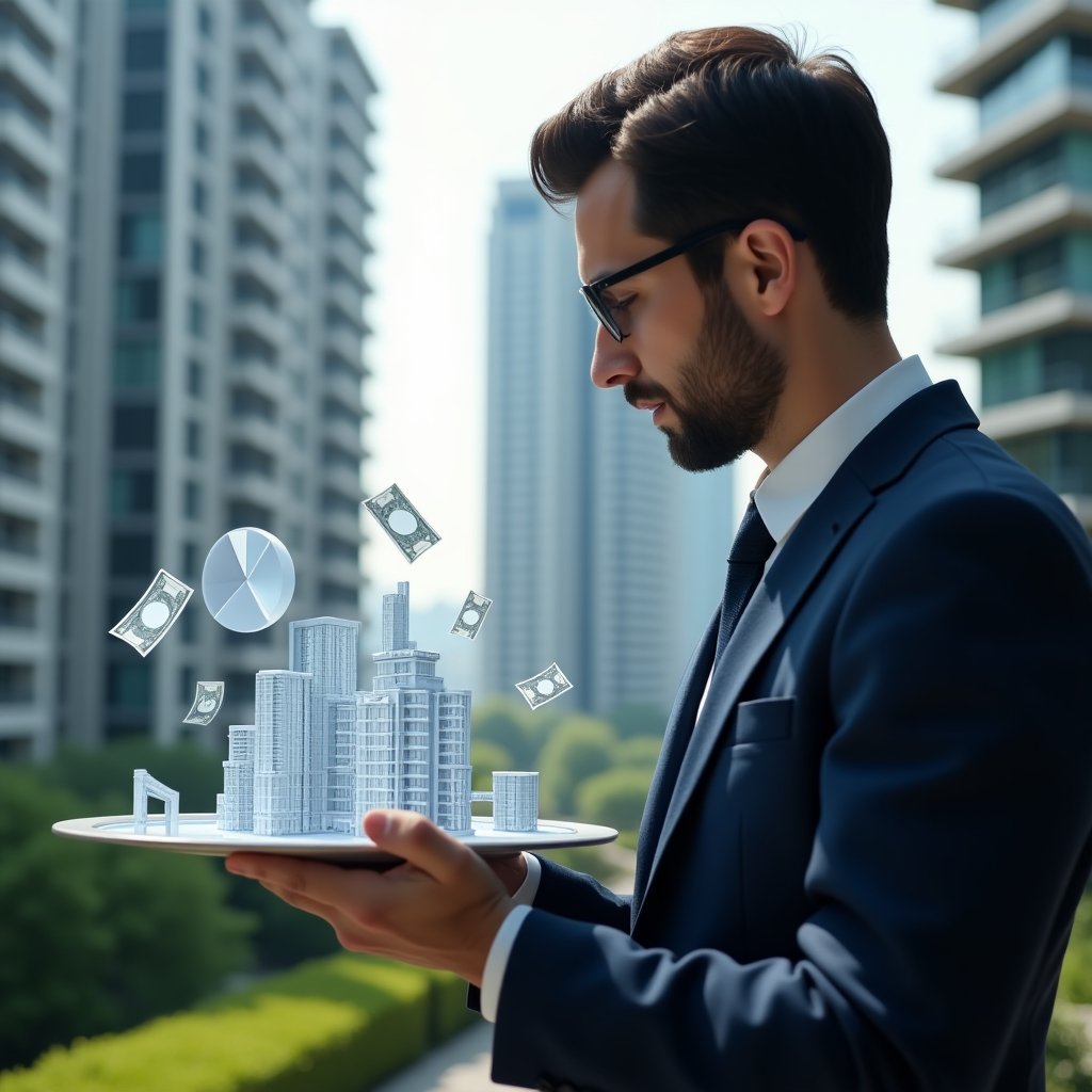 Ultra-realistic condominium manager in a navy suit, set in a modern luxury condominium environment with high-rise buildings and manicured green landscaping, thoughtfully analyzing a holographic pie chart overlaying a 3D building model to represent fraction ideal segmentation, with floating icons of currency and documents symbolizing expense allocation, cinematic lighting, shallow depth of field, highly detailed textures, realistic skin, photographic realism, 8k resolution --ar 1:1 --v 6