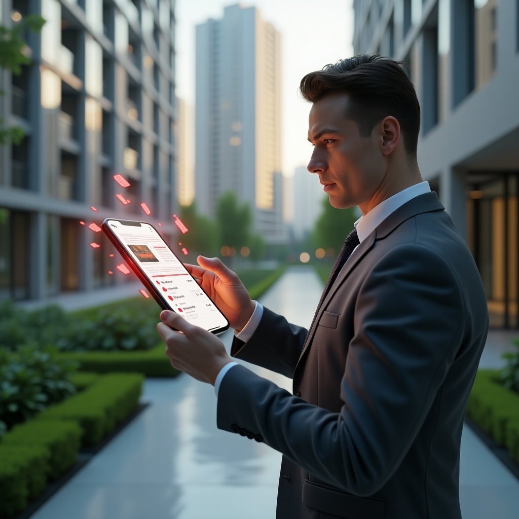 (Ultra-realistic condominium manager in a charcoal gray suit, set in a modern luxury condominium environment with high-rise buildings and manicured greenery, medium shot with shallow depth of field, confidently examining a holographic checklist displaying red error icons and app interface elements, cinematic lighting, highly detailed textures, realistic skin, photographic realism, 8k resolution --ar 1:1 --v 6)
