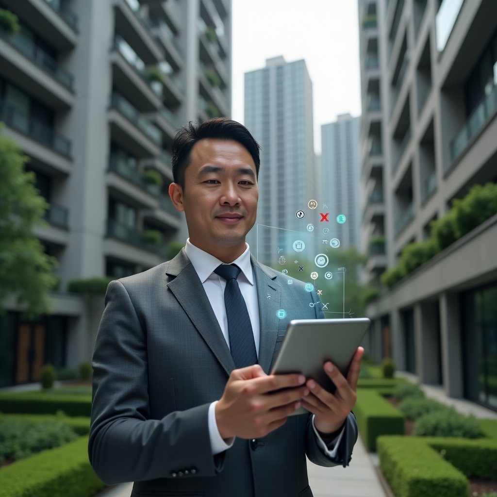 (Ultra-realistic condominium manager in a charcoal gray suit, set in a modern luxury condominium environment with high-rise buildings and manicured green landscaping, reviewing a digital tablet with floating holographic icons of checkmarks and red X’s symbolizing common management errors, expression focused and confident, cinematic lighting, shallow depth of field, highly detailed textures, realistic skin, photographic realism, 8k resolution --ar 1:1 --v 6)