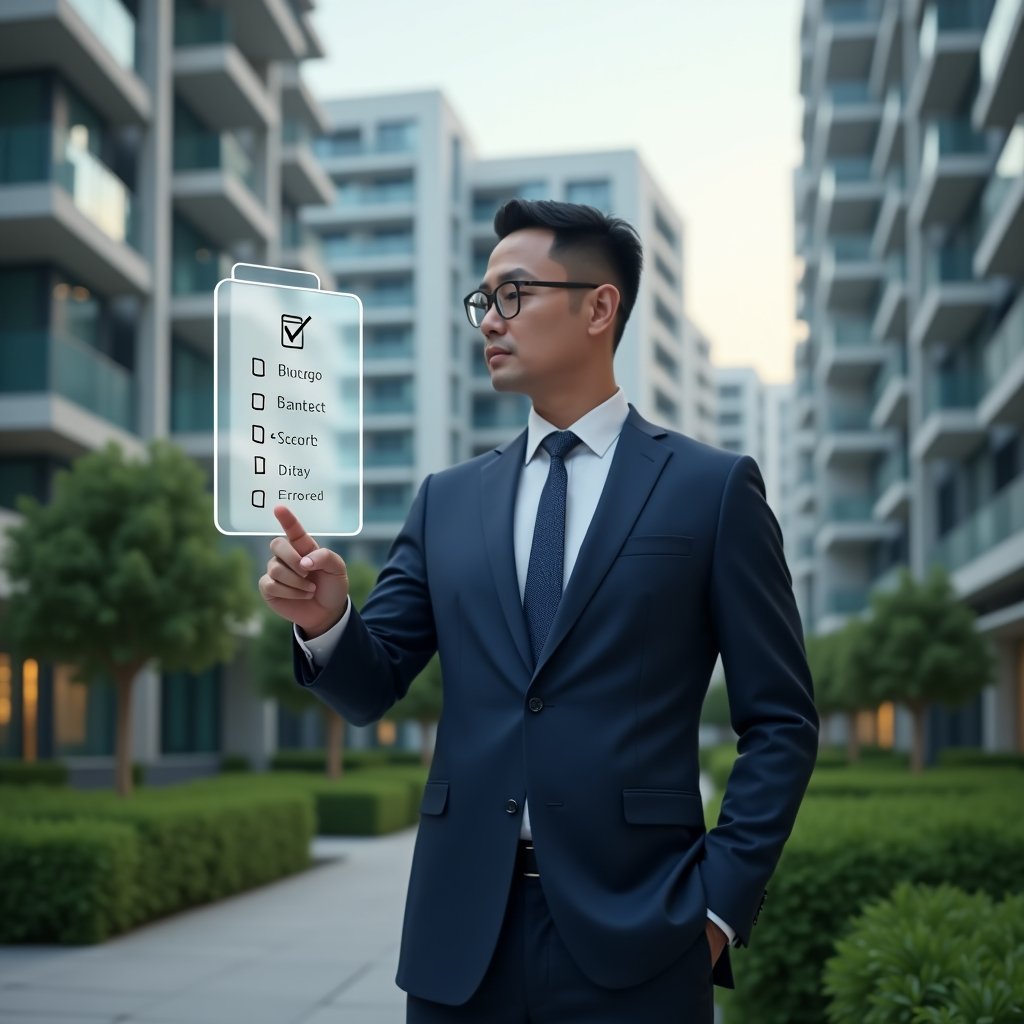 (Ultra-realistic condominium manager in a navy executive suit, set in a modern luxury condominium environment with high-rise buildings and lush green landscaping, confidently pointing at a floating holographic checklist numbered 1 to 7 representing common management errors, subtle icons of a budget chart and communication bubble hovering beside, cinematic lighting, shallow depth of field, highly detailed textures, realistic skin, photographic realism, 8k resolution --ar 1:1 --v 6)