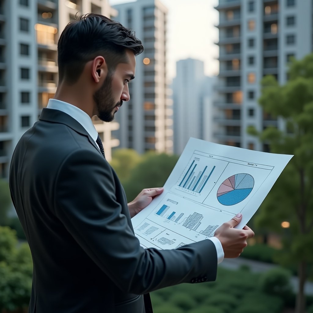 (Ultra-realistic condominium manager in a dark gray suit, set in a modern luxury condominium environment with high-rise buildings and lush green landscaping, examining a holographic blueprint displaying fractional pie charts and unit divisions, projecting a confident and analytical expression, cinematic lighting, shallow depth of field, highly detailed textures, realistic skin, photographic realism, 8k resolution --ar 1:1 --v 6)