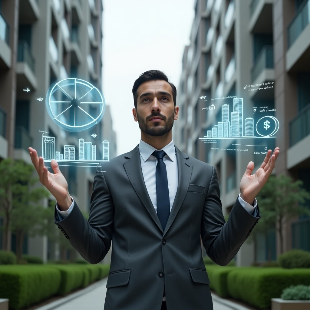 Ultra-realistic property manager in a charcoal gray suit, set in a modern luxury condominium environment with high-rise buildings and well-maintained green landscaping, standing in a medium shot, confidently analyzing floating holographic fraction diagrams and pie charts representing ideal shares and cost distribution, subtle icons of buildings and currency symbols integrated into the holograms, cinematic lighting, shallow depth of field, highly detailed textures, realistic skin, photographic realism, 8k resolution --ar 1:1 --v 6