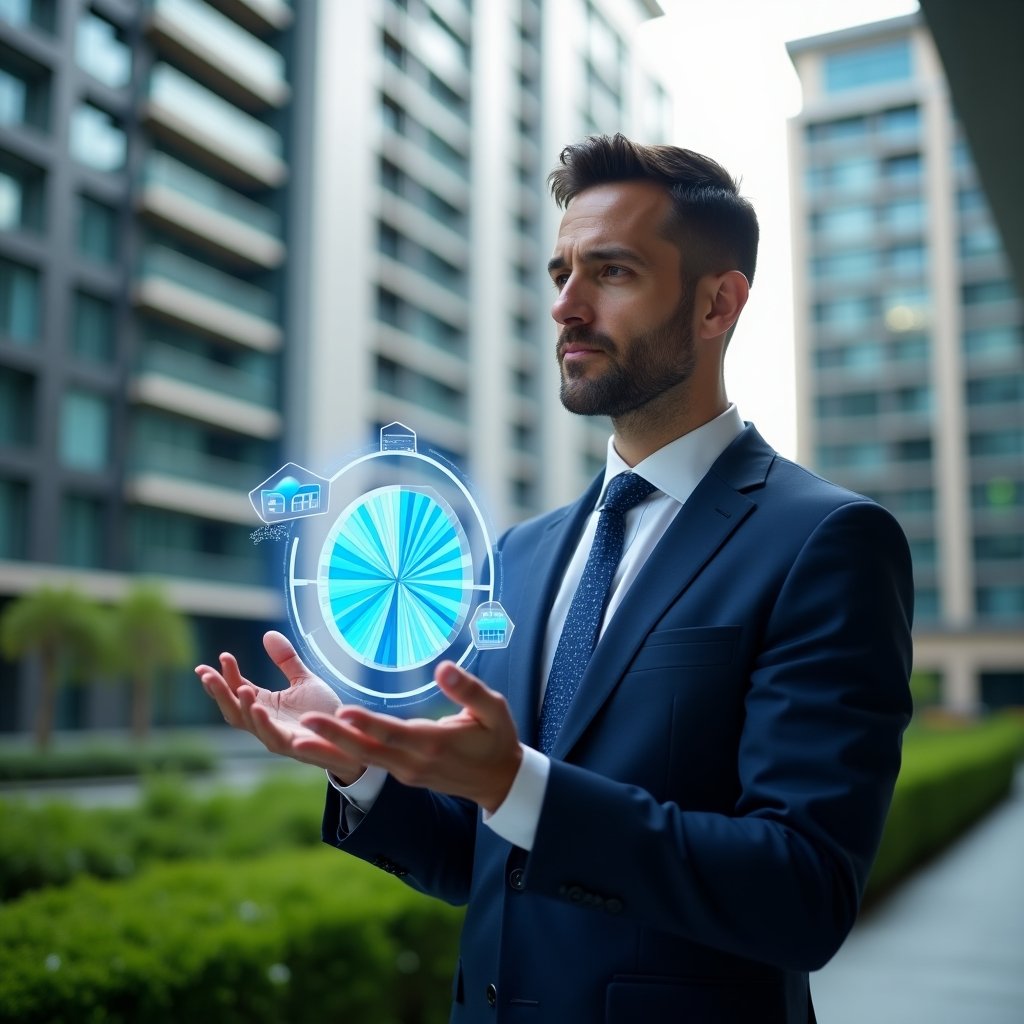 Ultra-realistic condominium manager in a tailored navy suit, set in a modern luxury condominium environment with high-rise buildings and manicured green landscaping, mid-shot of the manager confidently analyzing a floating holographic pie chart representing fractional ownership, futuristic translucent apartment icons orbiting the display, cinematic lighting, shallow depth of field, highly detailed textures, realistic skin, photographic realism, 8k resolution --ar 1:1 --v 6