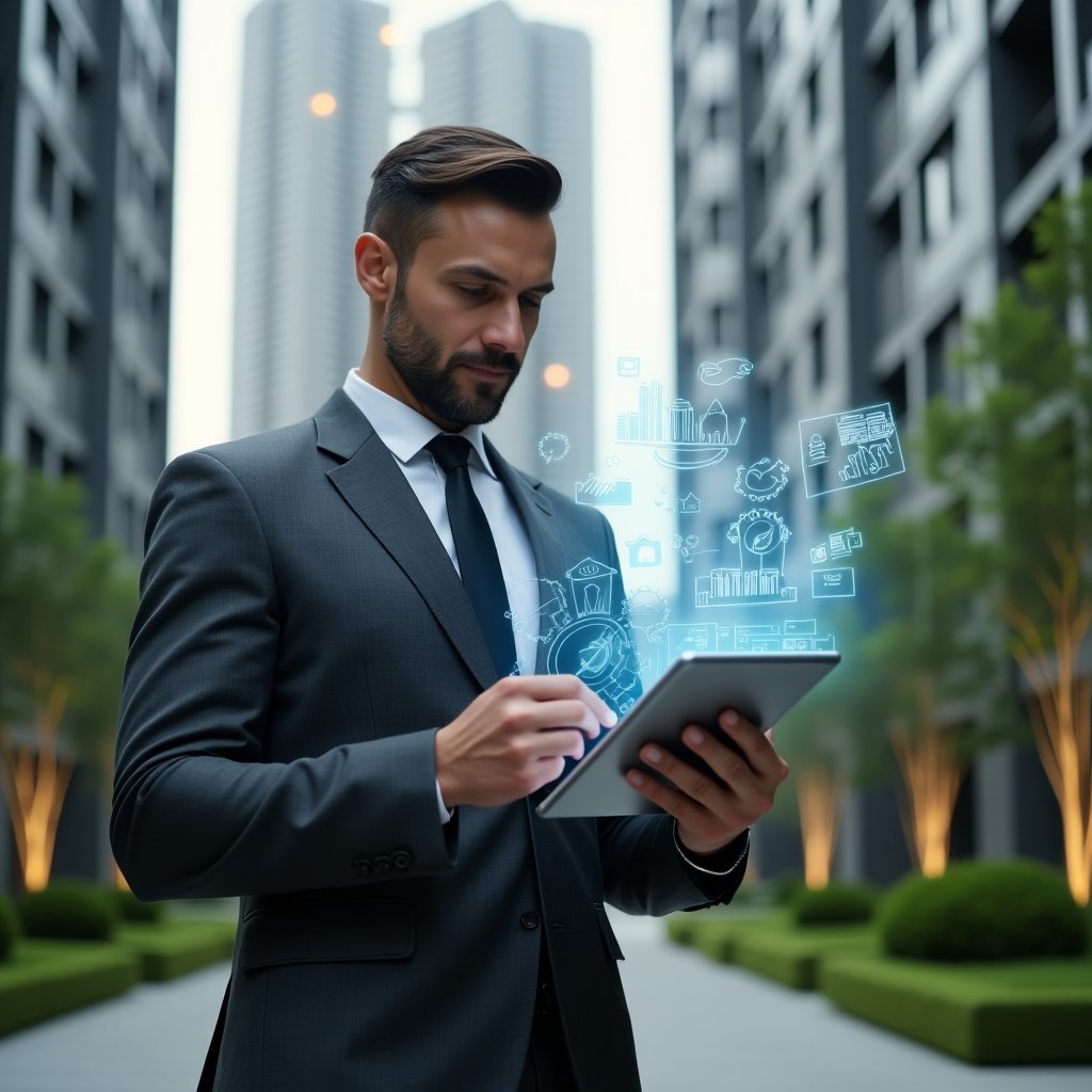 Ultra-realistic property manager in a charcoal gray suit, set in a modern luxury condominium environment with high-rise buildings and well-manicured green landscaping, holding a digital tablet displaying a holographic dashboard of condo management metrics, analyzing data with a confident expression, floating icons of charts and gears symbolizing efficient administration, cinematic lighting, shallow depth of field, highly detailed textures, realistic skin, photographic realism, 8k resolution --ar 1:1 --v 6