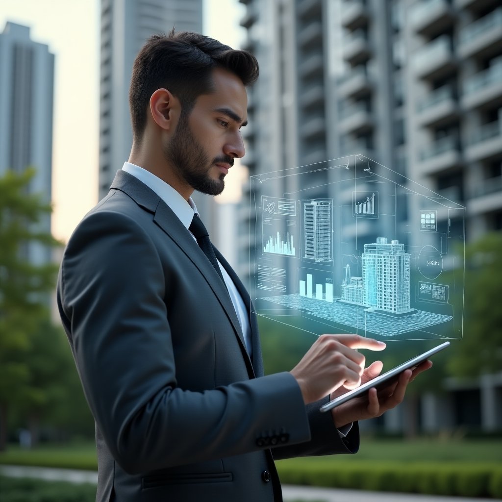 (Ultra-realistic condominium manager in a charcoal gray executive suit, set in a modern luxury condominium environment with high-rise buildings and manicured green landscaping, holding a transparent holographic display of building layouts and financial charts, confidently reviewing data on a sleek tablet, subtle holographic icons of maintenance tools and calendar overlays floating around, cinematic lighting, shallow depth of field, highly detailed textures, realistic skin, photographic realism, 8k resolution --ar 1:1 --v 6)