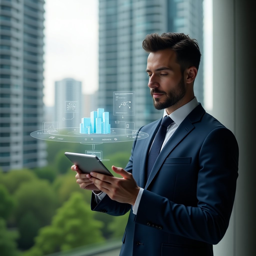 (Ultra-realistic condominium manager in a tailored navy suit, set in a modern luxury condominium environment with high-rise buildings and lush green landscaping, examining a floating holographic interface of a condo management app on a transparent tablet—app icons, charts and integration symbols orbiting around him—confident, focused expression, cinematic lighting, shallow depth of field, highly detailed textures, realistic skin, photographic realism, 8k resolution --ar 1:1 --v 6)