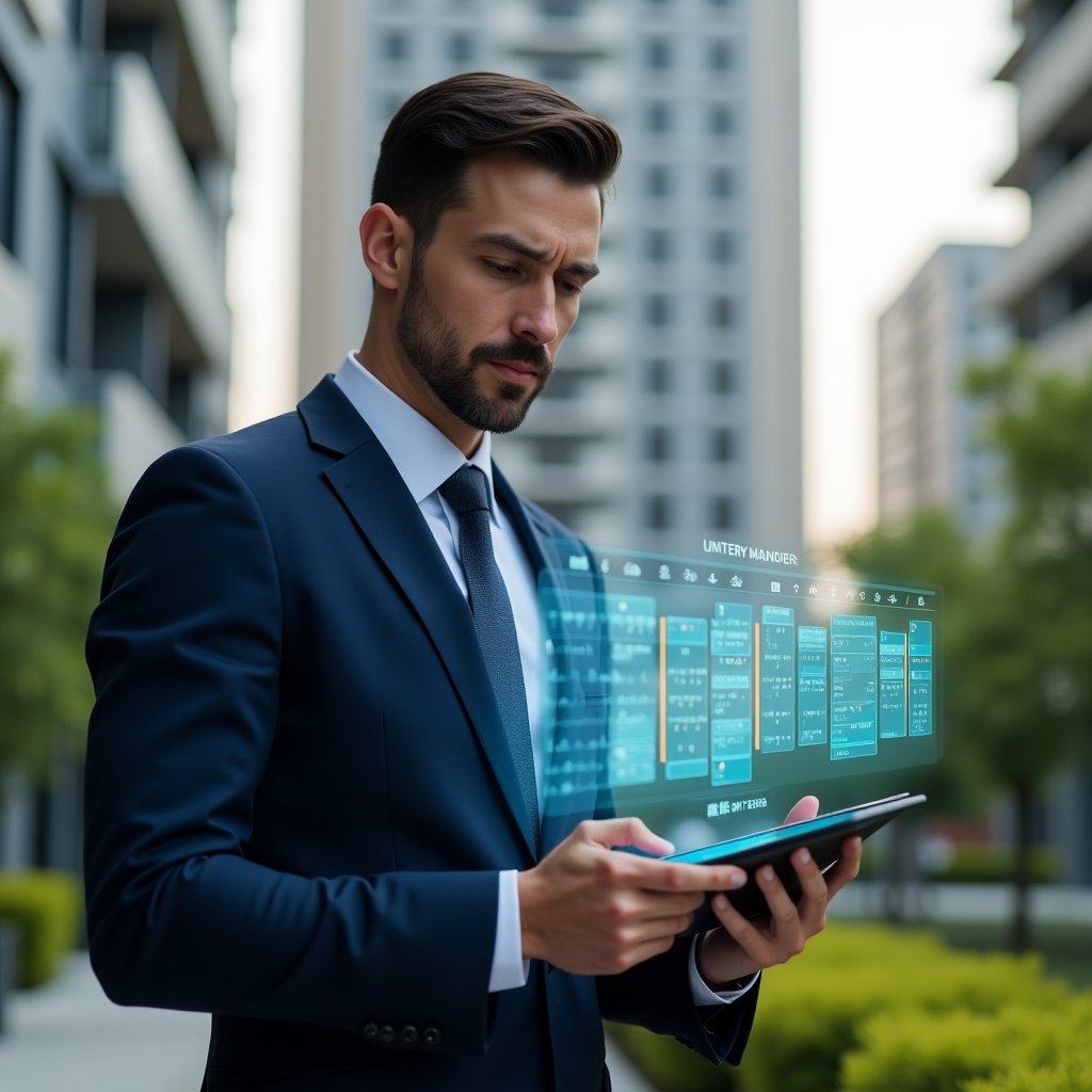 Ultra-realistic condominium manager in a navy executive suit, set in a modern luxury condominium environment with high-rise buildings and lush green landscaping, holding a tablet displaying a holographic activity timeline, confidently analyzing digital calendar holograms, cinematic lighting, shallow depth of field, highly detailed textures, realistic skin, photographic realism, 8k resolution --ar 1:1 --v 6