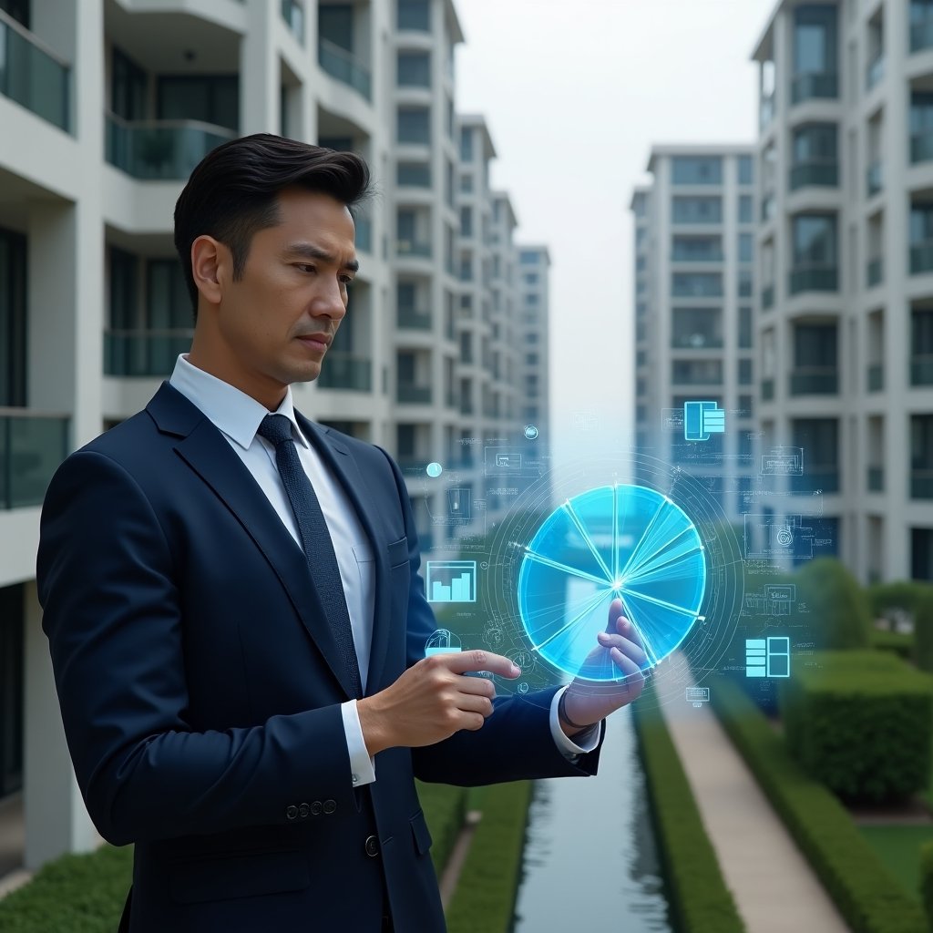 Ultra-realistic property manager in a navy suit, set in a modern luxury condominium environment with high-rise buildings and manicured green landscaping, analyzing a holographic 3D pie chart overlaying a condominium blueprint, holographic fractional pie chart and financial icons floating beside them, confident and thoughtful expression, cinematic lighting, shallow depth of field, highly detailed textures, realistic skin, photographic realism, 8k resolution --ar 1:1 --v 6