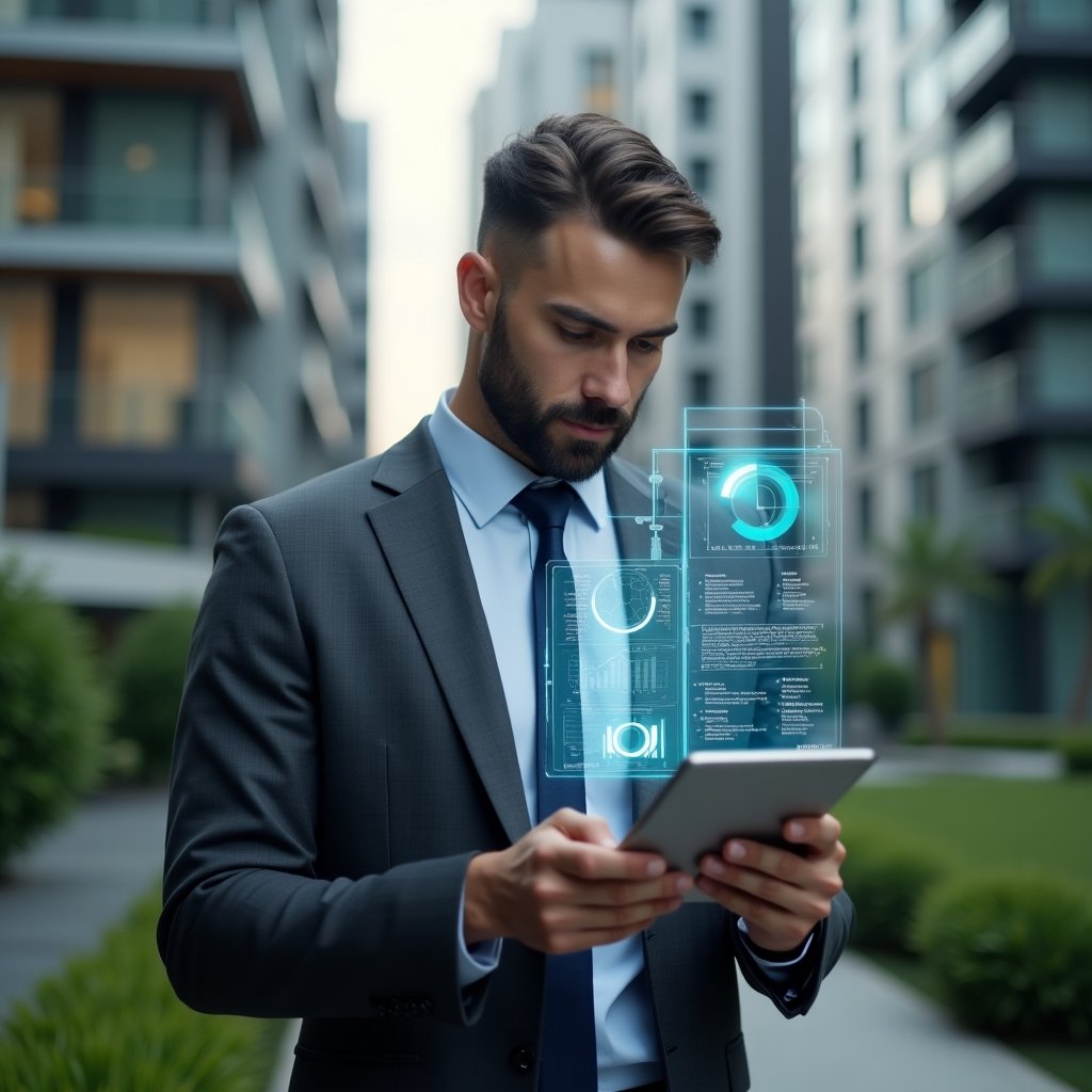 Ultra-realistic condominium manager in a dark gray tailored suit, set in a modern luxury condominium environment with high-rise buildings and green landscaping, mid-shot holding a transparent tablet displaying holographic financial charts and clear report icons, confidently reviewing data to illustrate transparent accounting, cinematic lighting, shallow depth of field, highly detailed textures, realistic skin, photographic realism, 8k resolution --ar 1:1 --v 6