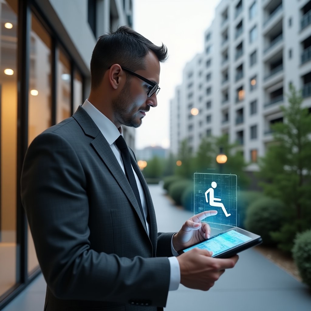 Ultra-realistic condominium manager in a charcoal gray executive suit, set in a modern luxury condominium environment with high-rise buildings and green landscaping, confidently reviewing digital building plans on a tablet while pointing at a holographic wheelchair accessibility icon, cinematic lighting, shallow depth of field, highly detailed textures, realistic skin, photographic realism, 8k resolution --ar 1:1 --v 6