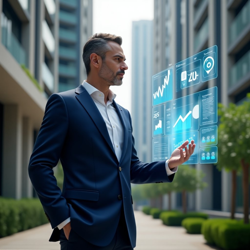 Ultra-realistic condominium manager in a navy blue executive suit, set in a modern luxury condominium environment with high-rise buildings and meticulously landscaped gardens, standing in a medium shot and confidently analyzing a holographic dashboard displaying financial charts and communication icons, with a translucent 3D interface of building management modules floating beside them, cinematic lighting, shallow depth of field, highly detailed textures, realistic skin, photographic realism, 8k resolution --ar 1:1 --v 6