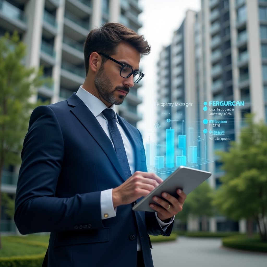 (Ultra-realistic property manager in a dark blue suit, set in a modern luxury condominium environment with high-rise buildings and lush green landscaping, holding a tablet and analyzing holographic budget charts that distinguish ordinary and extraordinary expenses, confident and focused expression, cinematic lighting, shallow depth of field, highly detailed textures, realistic skin, photographic realism, 8k resolution --ar 1:1 --v 6)