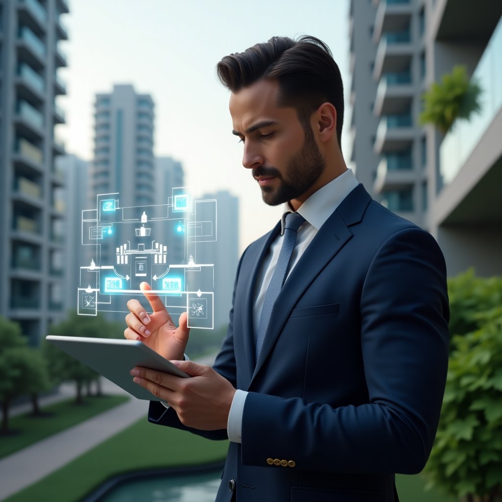Ultra-realistic condominium manager in a tailored navy suit, set in a modern luxury condominium environment with high-rise buildings and lush green landscaping, holding a tablet and confidently tapping on a floating holographic condominium management app interface, cinematic lighting, shallow depth of field, highly detailed textures, realistic skin, photographic realism, 8k resolution --ar 1:1 --v 6