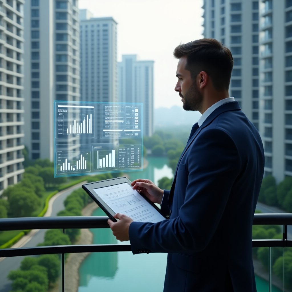 Ultra-realistic condominium manager in a navy blue suit, set in a modern luxury condominium environment with high-rise buildings and manicured green landscaping, standing on an office balcony analyzing holographic financial reports projected before them, floating charts and ledger icons symbolizing transparency and professional accounting, cinematic lighting, shallow depth of field, highly detailed textures, realistic skin, photographic realism, 8k resolution --ar 1:1 --v 6