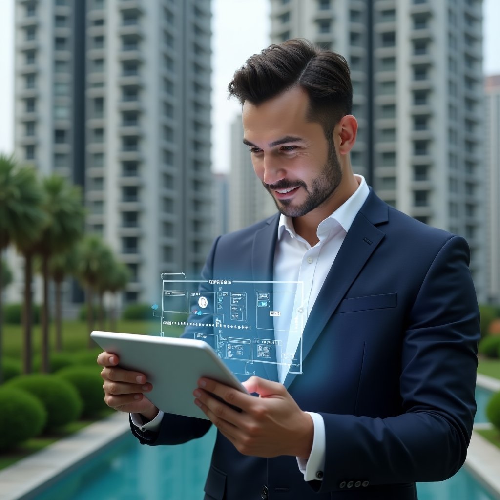 (Ultra-realistic property manager in a navy suit, set in a modern luxury condominium environment with high-rise buildings and lush green landscaping, holding a digital tablet displaying a holographic condominium management app interface, demonstrating step-by-step implementation with a confident, focused expression, floating app icons and workflow diagrams around, cinematic lighting, shallow depth of field, highly detailed textures, realistic skin, photographic realism, 8k resolution --ar 1:1 --v 6)