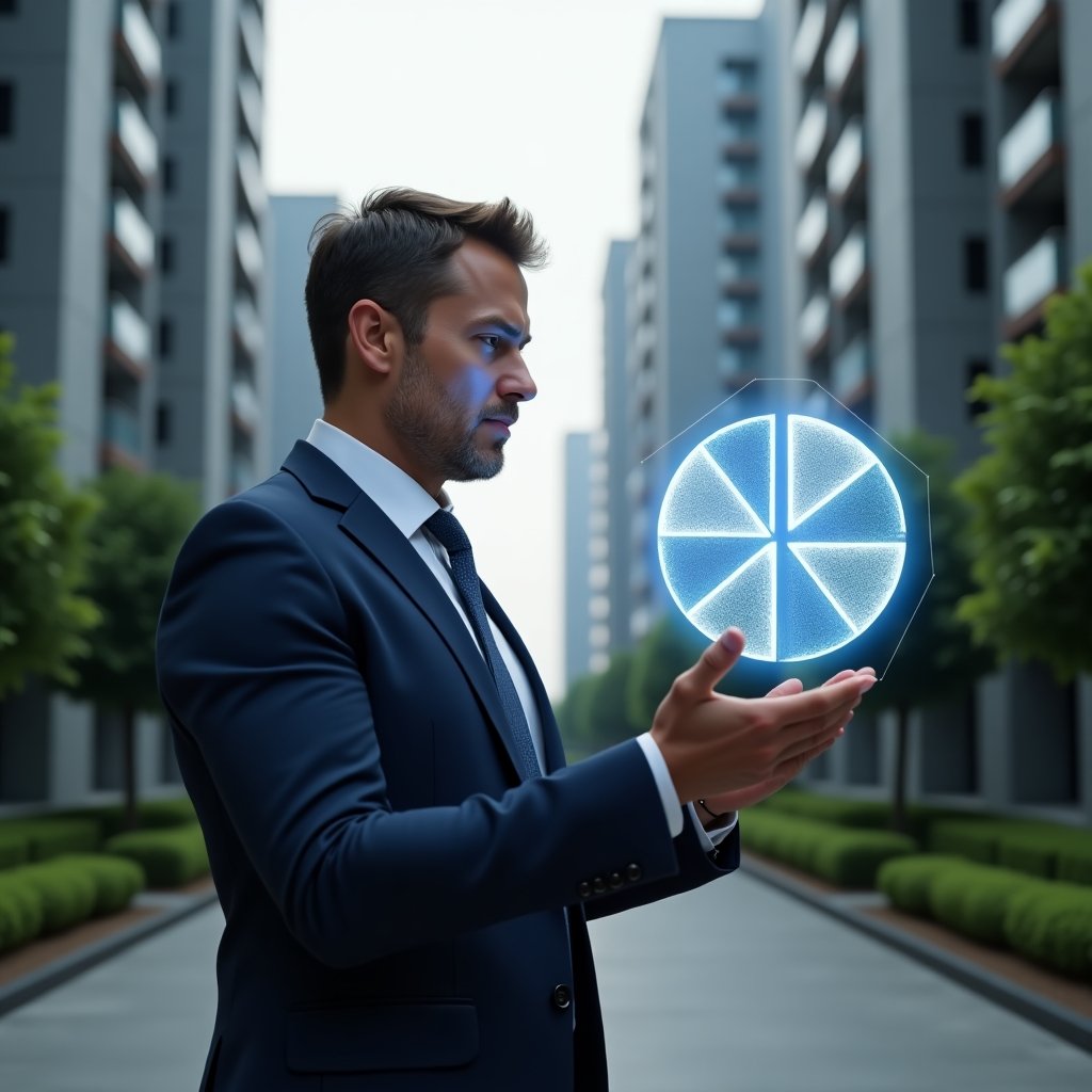 (Ultra-realistic condominium manager in a tailored navy blue suit, set in a modern luxury condominium environment with high-rise buildings and manicured green landscaping, analyzing a holographic 3D fractional ownership chart floating before them, thoughtful expression conveying precision and authority, symbolic hologram of percentage slices representing ideal fractions, cinematic lighting, shallow depth of field, highly detailed textures, realistic skin, photographic realism, 8k resolution --ar 1:1 --v 6)