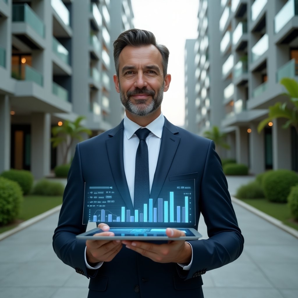 (Ultra-realistic condominium manager in a tailored navy suit, set in a modern luxury condominium environment with high-rise buildings and pristine green landscaping, presenting a holographic financial report on a transparent tablet with floating charts and graphs, confident and focused expression, cinematic lighting, shallow depth of field, highly detailed textures, realistic skin, photographic realism, 8k resolution --ar 1:1 --v 6)