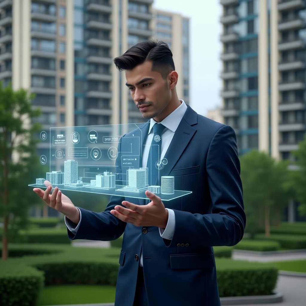 Ultra-realistic condominium manager in a tailored navy suit, set in a modern luxury condominium environment with high-rise buildings and lush green landscaping, examining a floating holographic dashboard displaying financial charts and maintenance schedules, confident and focused expression, digital icons of buildings and tools orbiting around, cinematic lighting, shallow depth of field, highly detailed textures, realistic skin, photographic realism, 8k resolution --ar 1:1 --v 6