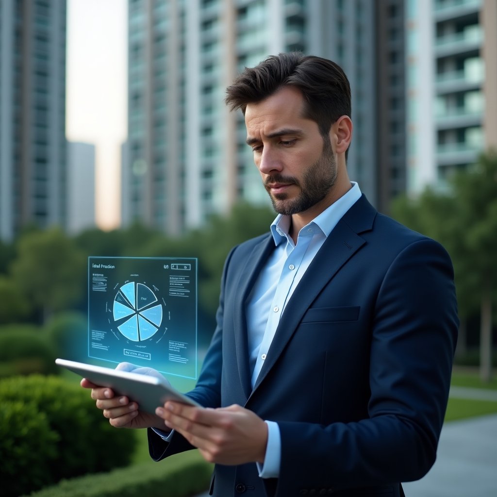 (Ultra-realistic condominium manager in a dark blue executive suit, set in a modern luxury condominium environment with high-rise buildings and meticulously landscaped greenery, reviewing a holographic pie chart representing ideal fraction calculations on a transparent tablet, confident and focused expression, cinematic lighting, shallow depth of field, highly detailed textures, realistic skin, photographic realism, 8k resolution --ar 1:1 --v 6)