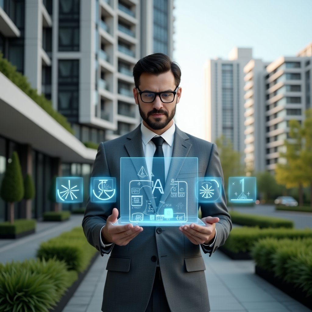 Ultra-realistic condominium manager in a tailored gray suit, set in a modern luxury condominium environment with high-rise buildings and manicured green landscaping, holding a holographic blueprint displaying glowing 3D fraction overlays, confidently analyzing ideal share calculations, cinematic lighting, shallow depth of field, highly detailed textures, realistic skin, photographic realism, 8k resolution --ar 1:1 --v 6