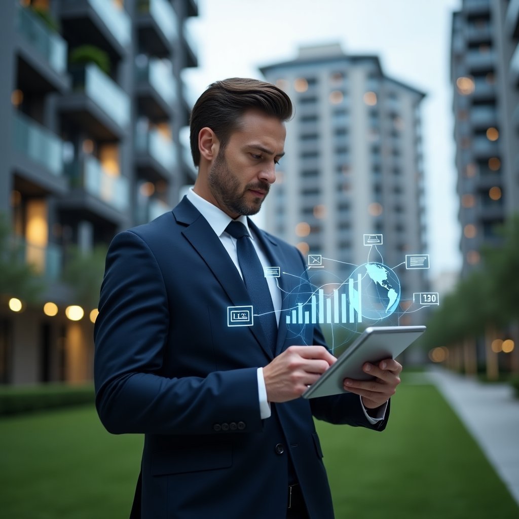 (Ultra-realistic condominium manager in a dark blue tailored suit, set in a modern luxury condominium environment with high-rise buildings and manicured green landscaping, holding a tablet and reviewing holographic financial charts with focused, analytical expression, floating icons of documents and deadlines around them, cinematic lighting, shallow depth of field, highly detailed textures, realistic skin, photographic realism, 8k resolution --ar 1:1 --v 6)