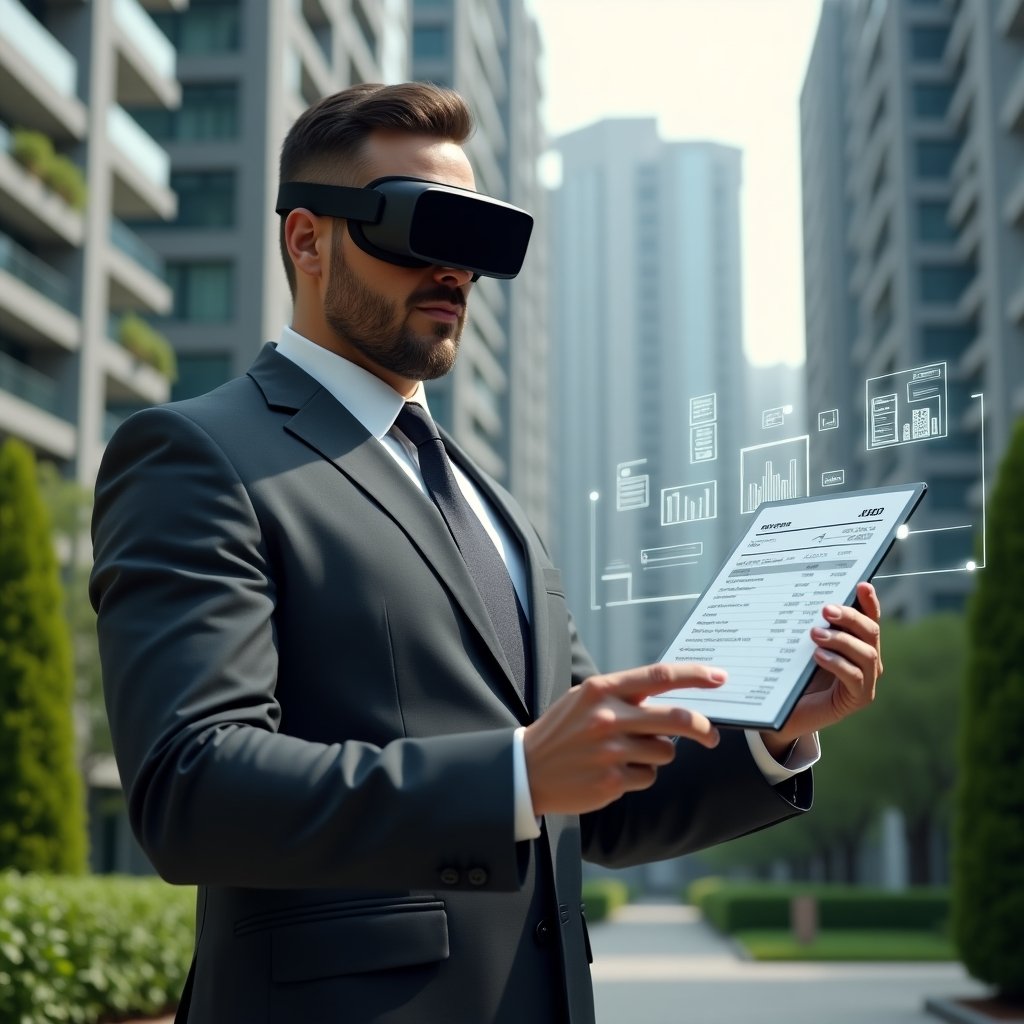 Ultra-realistic condominium manager in a charcoal gray suit, set in a modern luxury condominium environment with high-rise buildings and manicured green landscaping, reviewing a floating holographic invoice and expense chart with a confident expression, holographic icons of receipts and graphs hovering nearby, cinematic lighting, shallow depth of field, highly detailed textures, realistic skin, photographic realism, 8k resolution --ar 1:1 --v 6