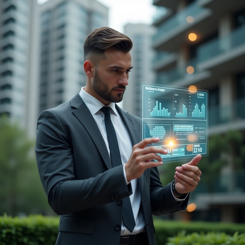 Ultra-realistic condominium manager in a charcoal gray suit, set in a modern luxury condominium environment with high-rise buildings and green landscaping, analyzing a holographic financial chart displaying expense forecasts, floating currency icons in a holographic overlay, confident and focused expression, cinematic lighting, shallow depth of field, highly detailed textures, realistic skin, photographic realism, 8k resolution --ar 1:1 --v 6