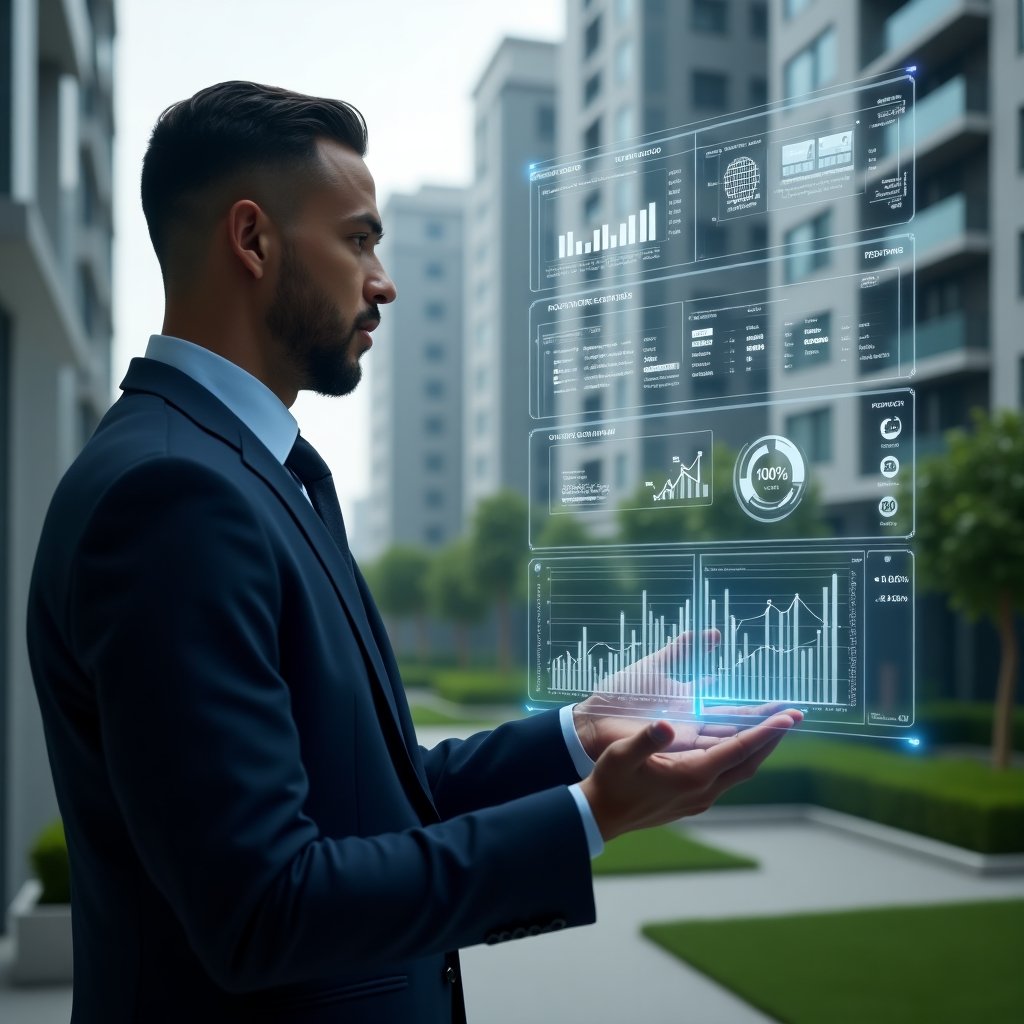 (Ultra-realistic condominium manager in a navy blue executive suit, set in a modern luxury condominium environment with high-rise buildings and manicured green gardens, medium shot with shallow depth of field, character confidently analyzing holographic financial charts representing delinquency rate, resident satisfaction, service request resolution time and budget execution, futuristic holographic graphs and metric icons floating around, cinematic lighting, highly detailed textures, realistic skin, photographic realism, 8k resolution --ar 1:1 --v 6)