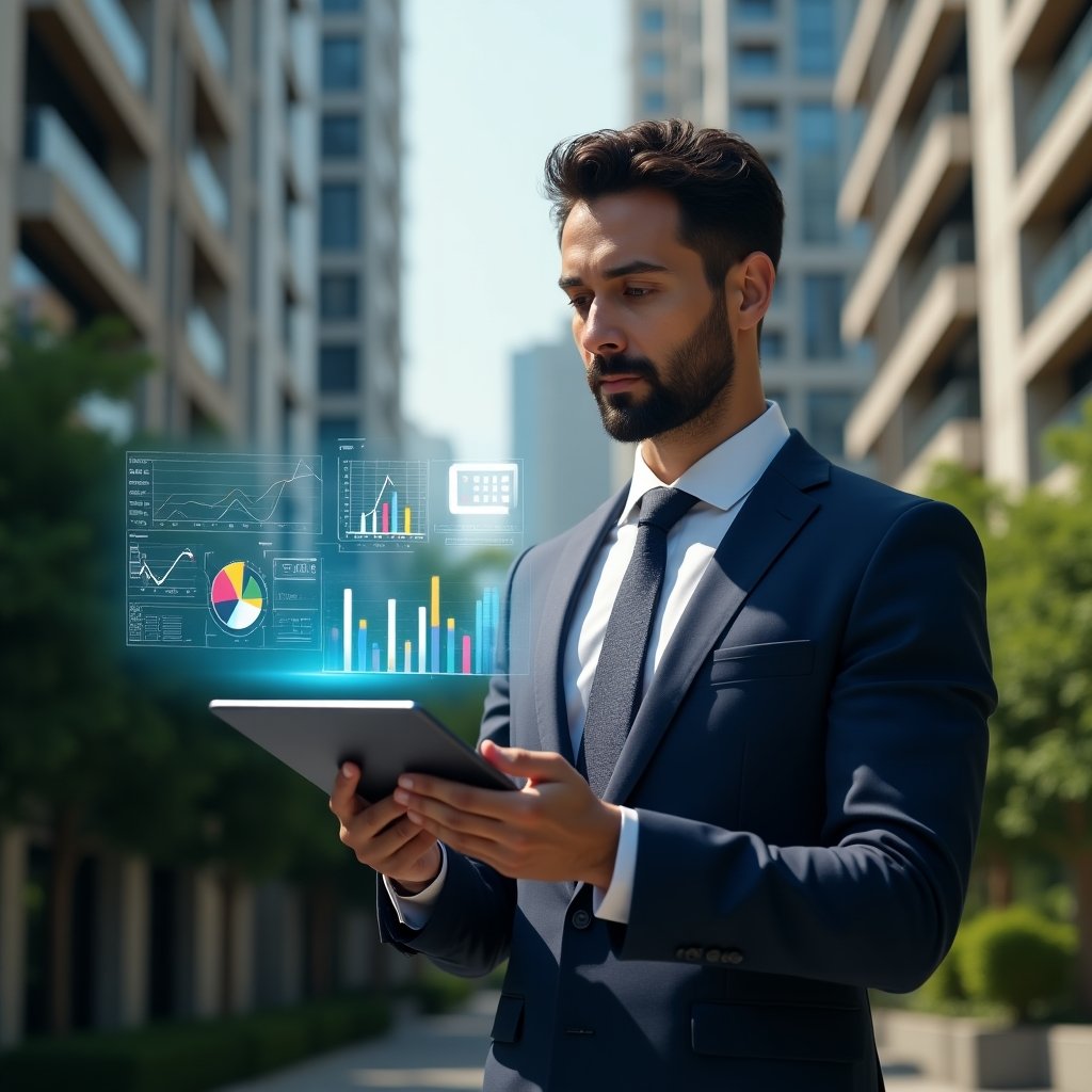 (Ultra-realistic condominium manager in a tailored navy suit, set in a modern luxury condominium environment with high-rise buildings and meticulously landscaped greenery, examining a floating holographic financial report with colorful charts and graphs, projected above a tablet in his hand, expression confident and focused, cinematic lighting, shallow depth of field, highly detailed textures, realistic skin, photographic realism, 8k resolution --ar 1:1 --v 6)