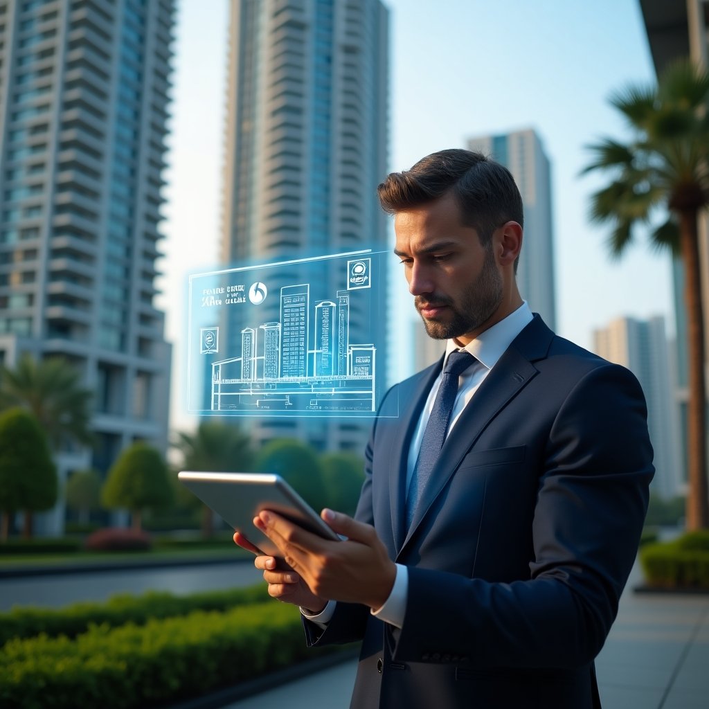 Ultra-realistic condominium manager in a navy executive suit, set in a modern luxury condominium environment with high-rise glass towers and lush green landscaping, medium close-up of a confident professional reviewing a digital tablet with a holographic management dashboard projected above, floating icons of building floor plans and performance charts, cinematic lighting, shallow depth of field, highly detailed textures, realistic skin, photographic realism, 8k resolution --ar 1:1 --v 6