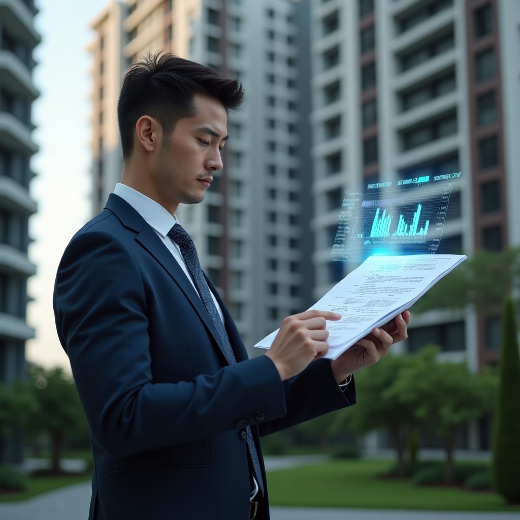 (Ultra-realistic condominium manager in a tailored navy suit, set in a modern luxury condominium environment with high-rise buildings and manicured green landscaping, reviewing holographic financial charts and a floating checklist of documents with a confident, focused expression, cinematic lighting, shallow depth of field, highly detailed textures, realistic skin, photographic realism, 8k resolution --ar 1:1 --v 6)