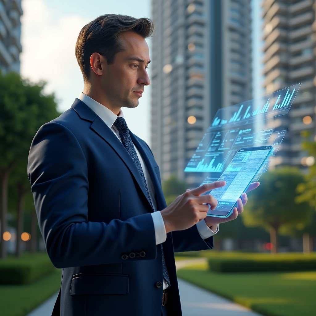 (Ultra-realistic condominium manager in a navy blue suit, set in a modern luxury condominium environment with high-rise buildings and lush green landscaping, reviewing a holographic financial report with floating charts and graphs, confident and focused expression, cinematic lighting, shallow depth of field, highly detailed textures, realistic skin, photographic realism, 8k resolution --ar 1:1 --v 6)