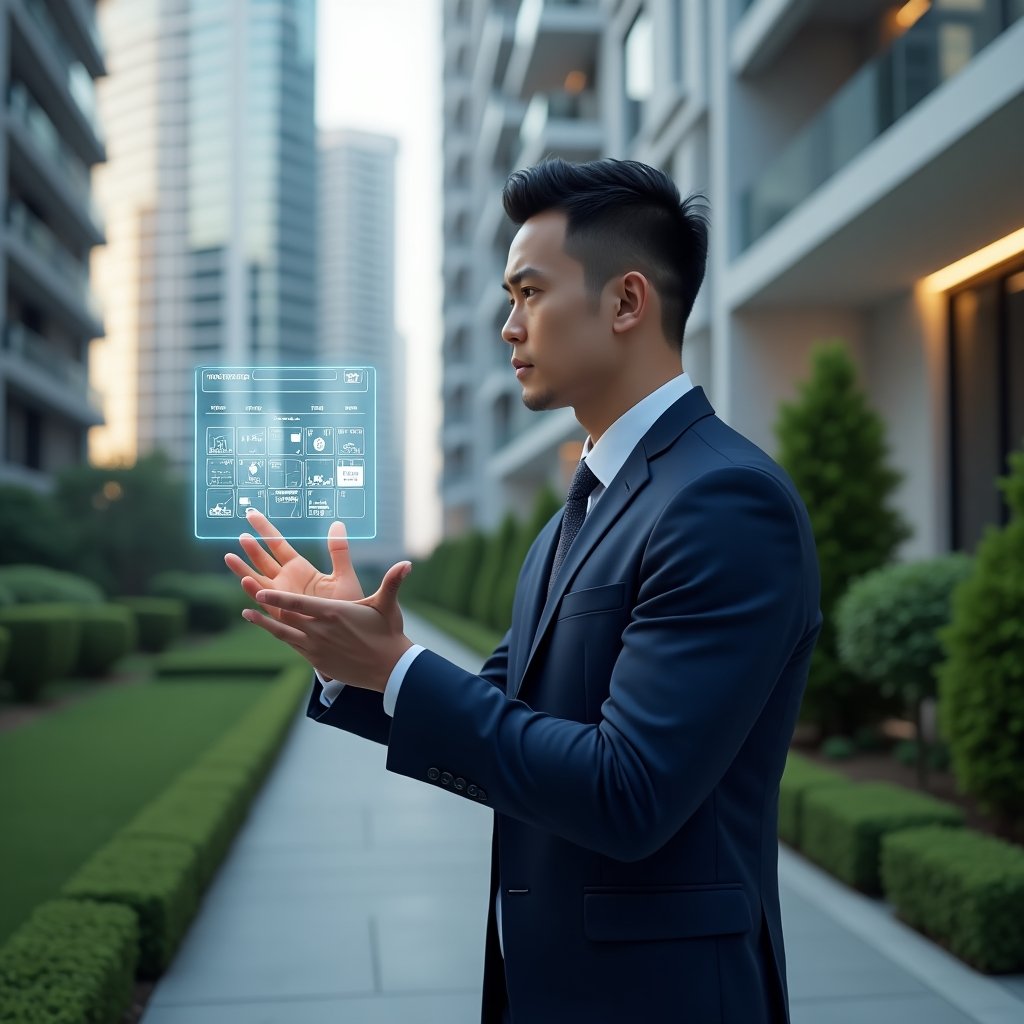 Ultra-realistic condominium manager in a navy blue tailored suit, set in a modern luxury condominium environment with high-rise buildings and manicured green landscaping, confidently interacting with a floating holographic calendar displaying maintenance, assembly, and event icons, cinematic lighting, shallow depth of field, highly detailed textures, realistic skin, photographic realism, 8k resolution --ar 1:1 --v 6