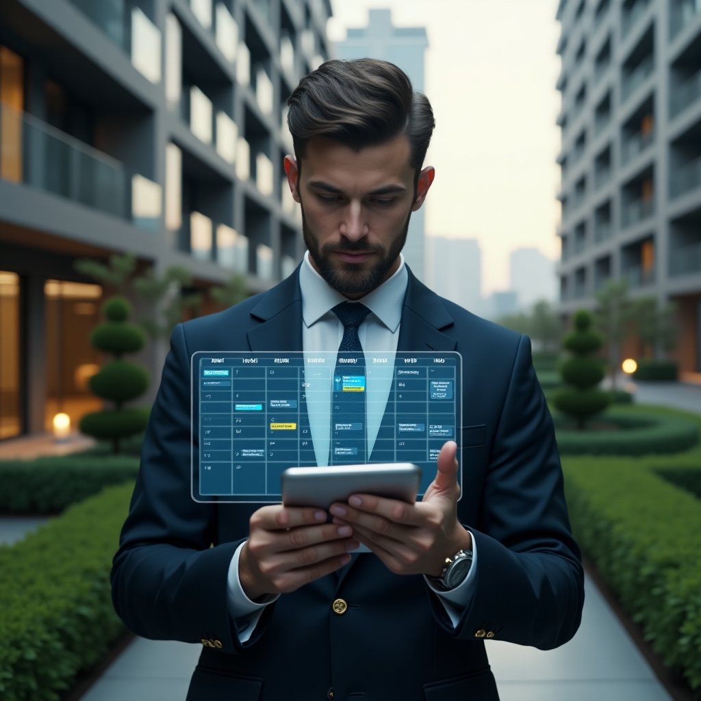 (Ultra-realistic condominium manager in a dark navy suit, set in a modern luxury condominium environment with high-rise buildings and impeccably manicured green landscaping, confidently analyzing a floating holographic schedule calendar with department icons and task notifications, cinematic lighting, shallow depth of field, highly detailed textures, realistic skin, photographic realism, 8k resolution --ar 1:1 --v 6)