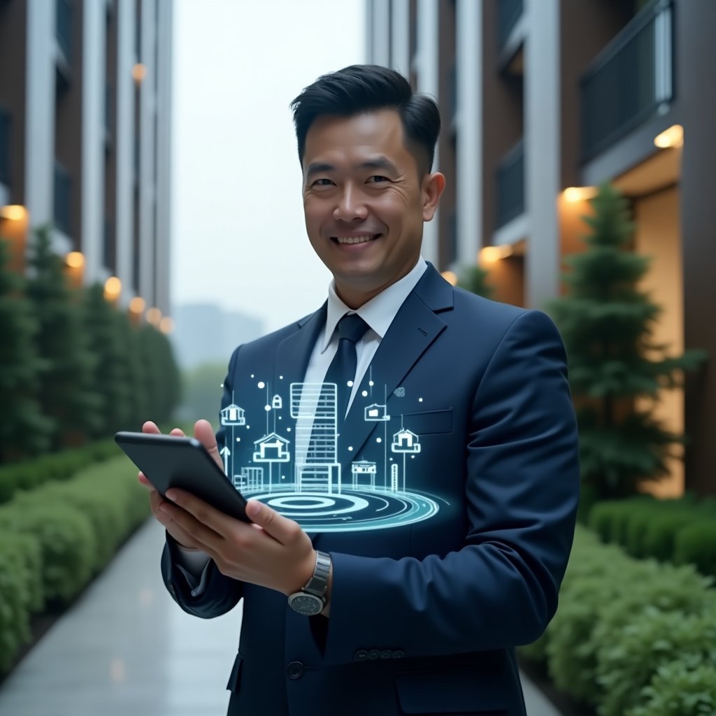 (Ultra-realistic condominium manager in a navy executive suit, set in a modern luxury condominium environment with high-rise buildings and manicured green landscaping, holding a tablet displaying a holographic building-management interface, confidently interacting with floating condo icons, futuristic and inspiring atmosphere, cinematic lighting, shallow depth of field, highly detailed textures, realistic skin, photographic realism, 8k resolution --ar 1:1 --v 6)