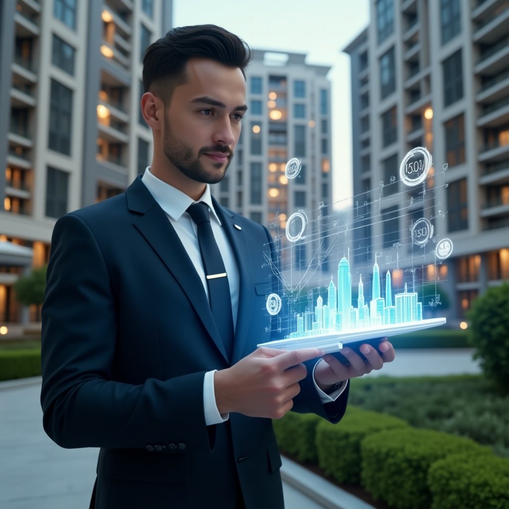 Ultra-realistic condominium manager in a navy suit, set in a modern luxury condominium environment with high-rise buildings and meticulously landscaped gardens, examining a semi-transparent holographic chart showing unit fractions and cost allocations, holographic icons of coins and building silhouettes floating around, thoughtful and confident expression, cinematic lighting, shallow depth of field, highly detailed textures, realistic skin, photographic realism, 8k resolution --ar 1:1 --v 6