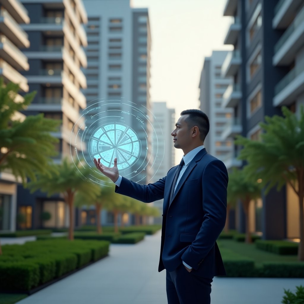 Ultra-realistic condominium manager in a navy blue tailored suit, set in a modern luxury condominium environment with high-rise buildings and manicured green landscaping, examining a holographic pie chart representing ideal fractions of units, with floating percentage icons symbolizing cost distribution, cinematic lighting, shallow depth of field, highly detailed textures, realistic skin, photographic realism, 8k resolution --ar 1:1 --v 6