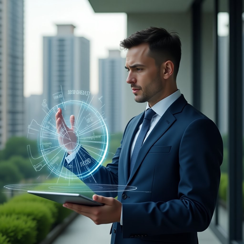 Ultra-realistic condominium manager in a navy blue suit, set in a modern luxury condominium environment with high-rise buildings and lush green landscaping, examining a floating holographic pie chart that illustrates unit fractions and fee allocations, holographic icons of apartment units and currency symbols, thoughtful and confident expression, cinematic lighting, shallow depth of field, highly detailed textures, realistic skin, photographic realism, 8k resolution --ar 1:1 --v 6