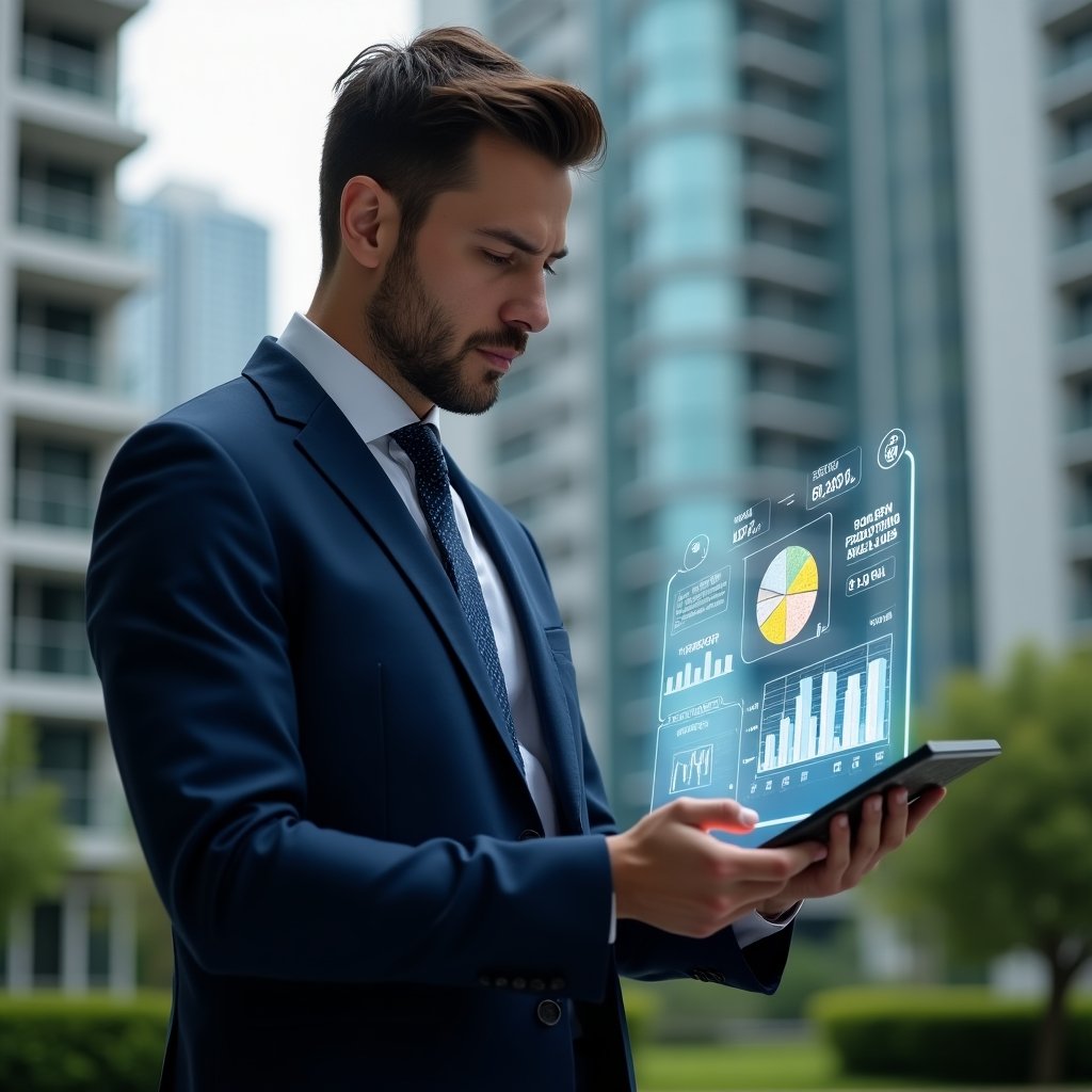 Ultra-realistic condominium manager in a navy blue executive suit, set in a modern luxury condominium environment with high-rise buildings and meticulously manicured gardens, holding a transparent tablet displaying holographic financial reports and graphs, confidently analyzing digital charts, holographic icons of coins and pie charts floating beside them, cinematic lighting, shallow depth of field, highly detailed textures, realistic skin, photographic realism, 8k resolution --ar 1:1 --v 6