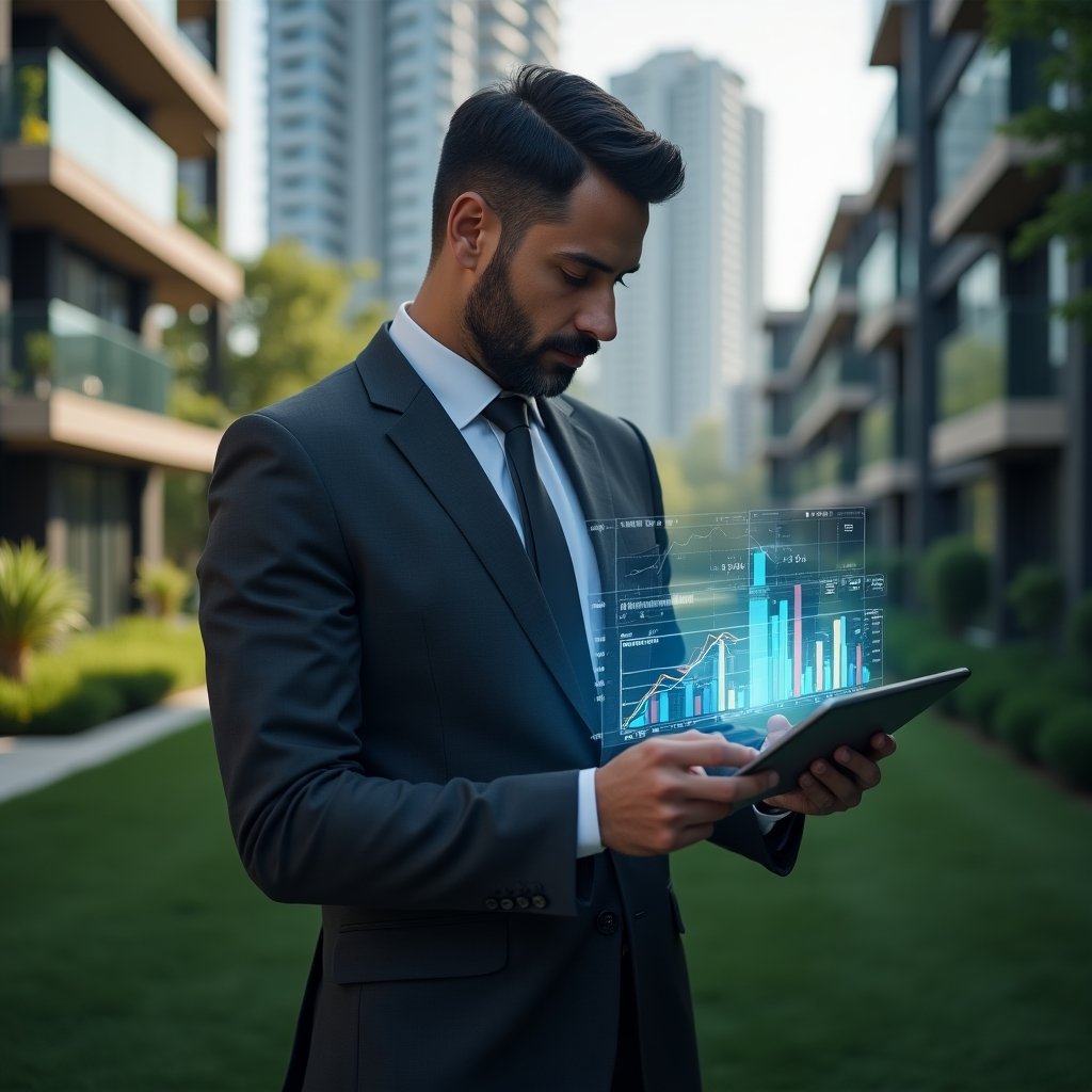 Ultra-realistic condominium manager in a charcoal executive suit, set in a modern luxury condominium environment with high-rise buildings and meticulously landscaped greenery, examining a tablet displaying holographic financial charts and dashboards, confident and focused expression, holographic icons of graphs and digital ledgers floating beside, cinematic lighting, shallow depth of field, highly detailed textures, realistic skin, photographic realism, 8k resolution --ar 1:1 --v 6