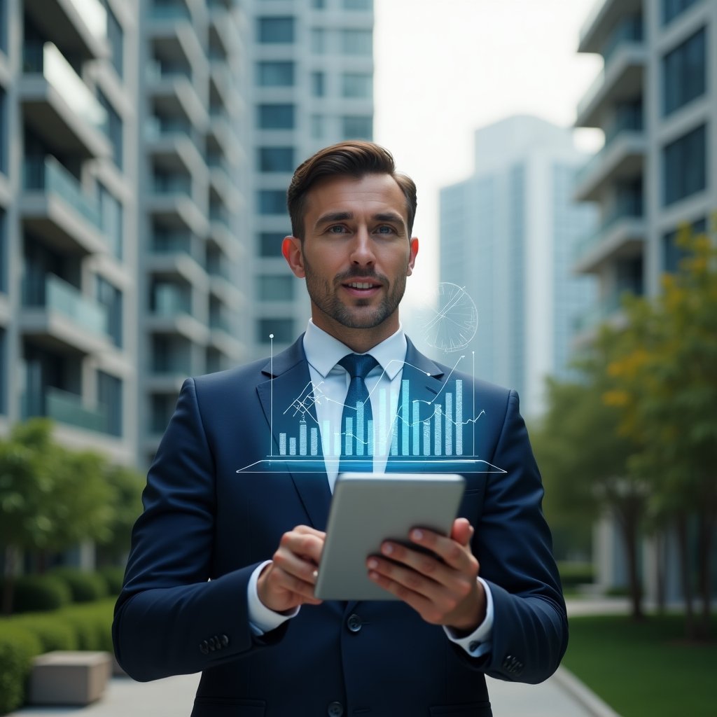 Ultra-realistic condominium manager in a navy tailored suit, set in a modern luxury condominium environment with high-rise buildings and green landscaping, holding a tablet and confidently presenting a holographic financial report, floating transparent charts and graphs symbolizing clear accounting, cinematic lighting, shallow depth of field, highly detailed textures, realistic skin, photographic realism, 8k resolution --ar 1:1 --v 6
