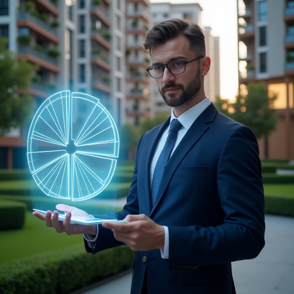 Ultra-realistic condominium manager in a navy blue executive suit, set in a modern luxury condominium environment with high-rise buildings and manicured green landscaping, analyzing a floating holographic pie chart of expense allocation proportions, holographic architectural blueprint overlay symbolizing ideal fraction, confident and focused expression, cinematic lighting, shallow depth of field, highly detailed textures, realistic skin, photographic realism, 8k resolution --ar 1:1 --v 6